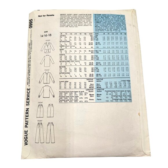 Vogue Pattern #0995 Misses Jacket Skirt Pants Blouse Size 14 16 18 Uncut - Picture 3 of 5